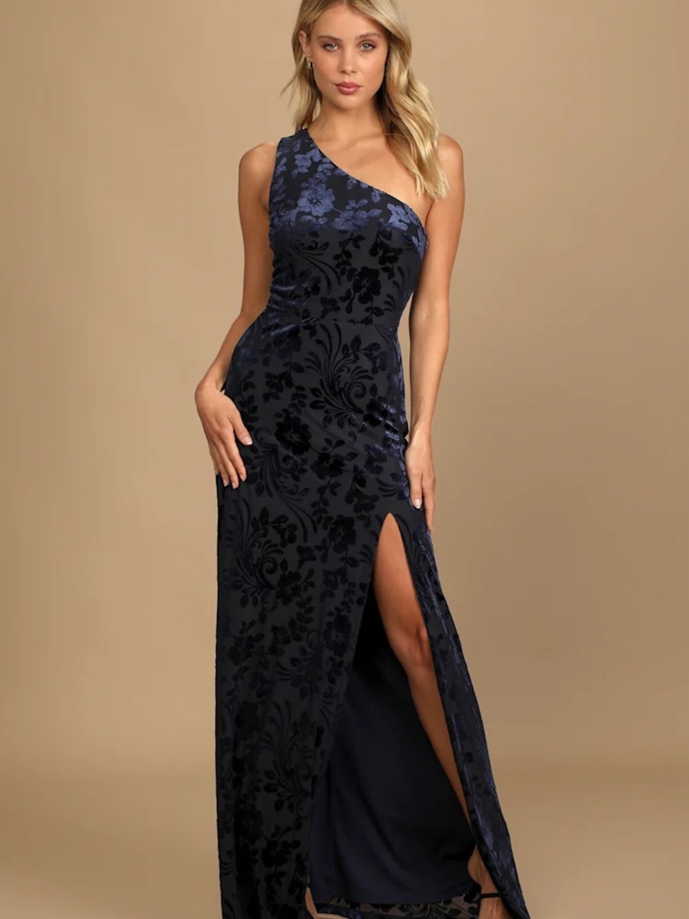 NWT Marvelous Moi Navy Blue Burnout Velvet One-Shoulder Maxi Evening Dress